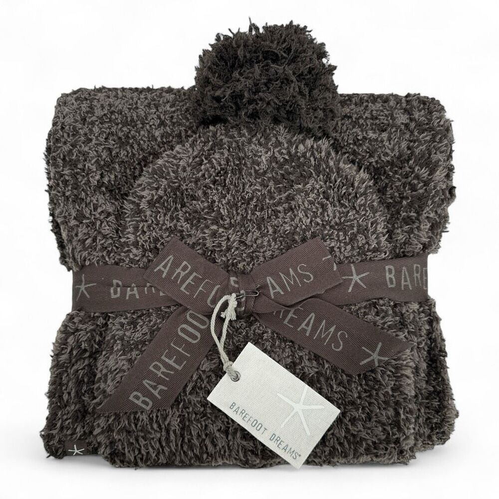 NWT Barefoot Dreams Espresso Cocoa CozyChic Pom Pom Beanie & Scarf Set One Size